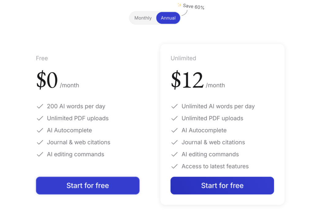 Jenni AI Yearly Pricing Plans